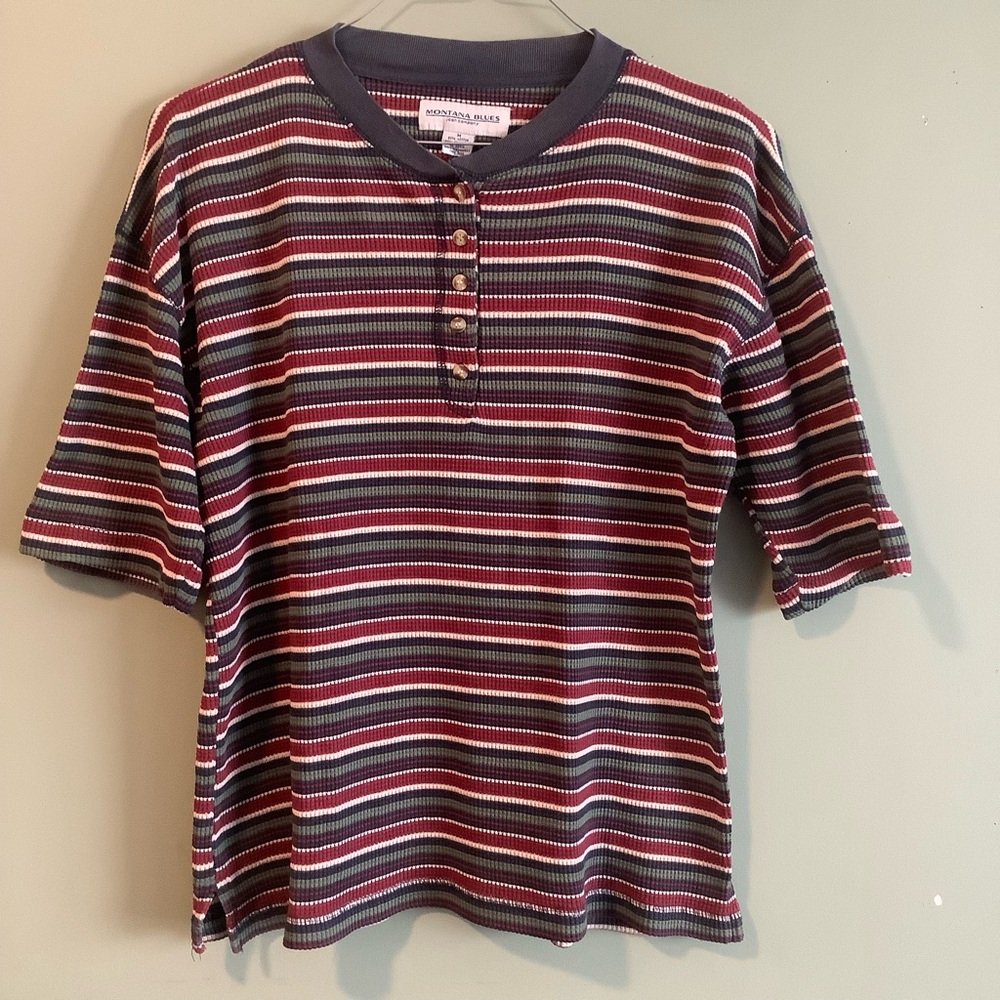 Montana Blues Jeans Company Vintage Striped Ribbed Short Sleeved Tee Sz M
